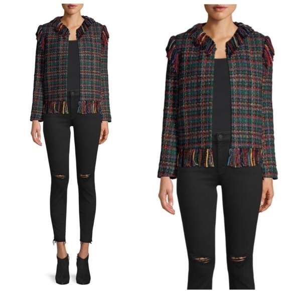 Sandro Paris Hook Eye Fringed Tweed Check Jacket - Picture 1 of 10